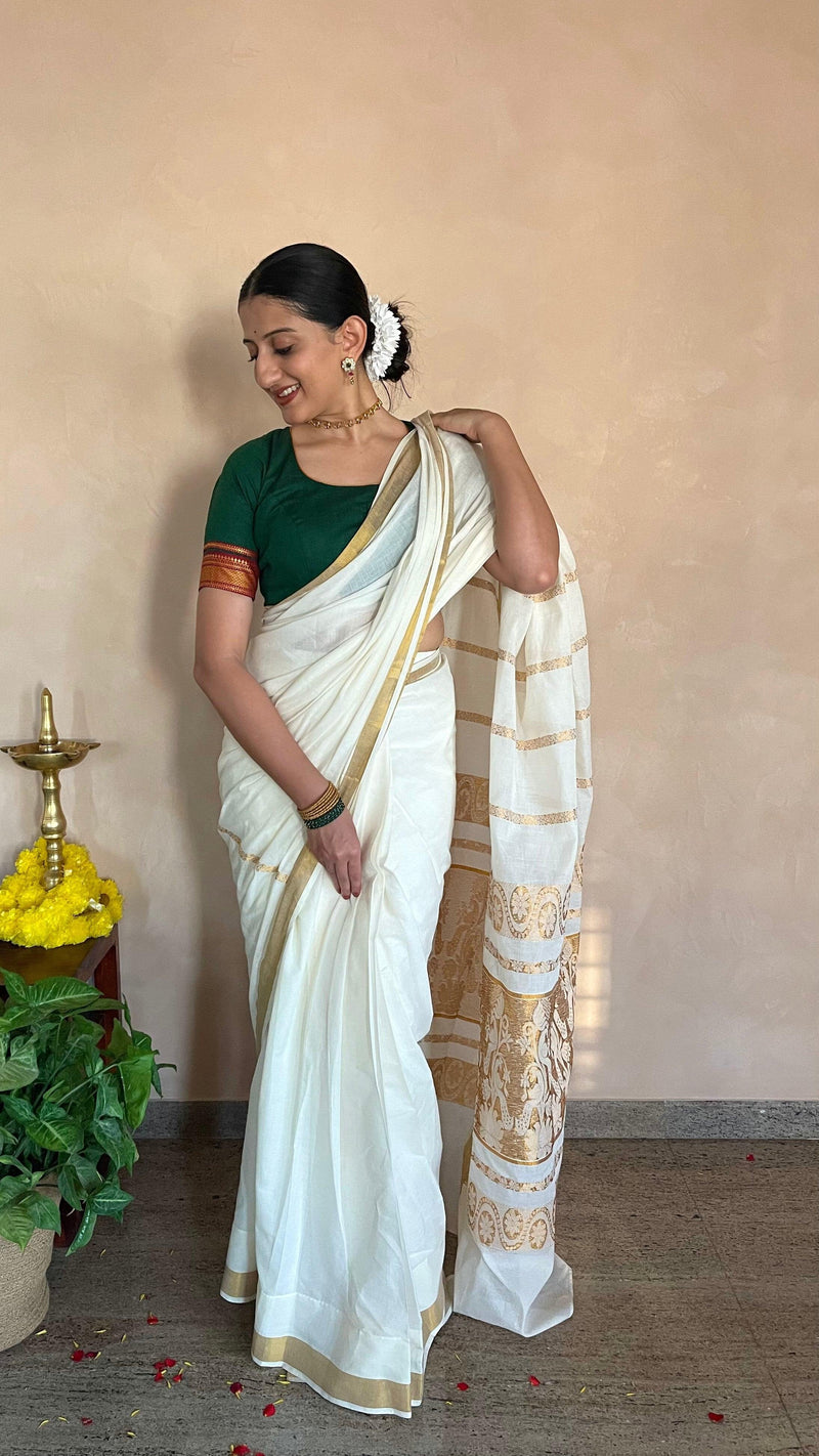 Revathi x Tyohaar | Mangalgiri Bottle Green 100% Cotton Blouse with Zari Border on Elbow Sleeves-Binks