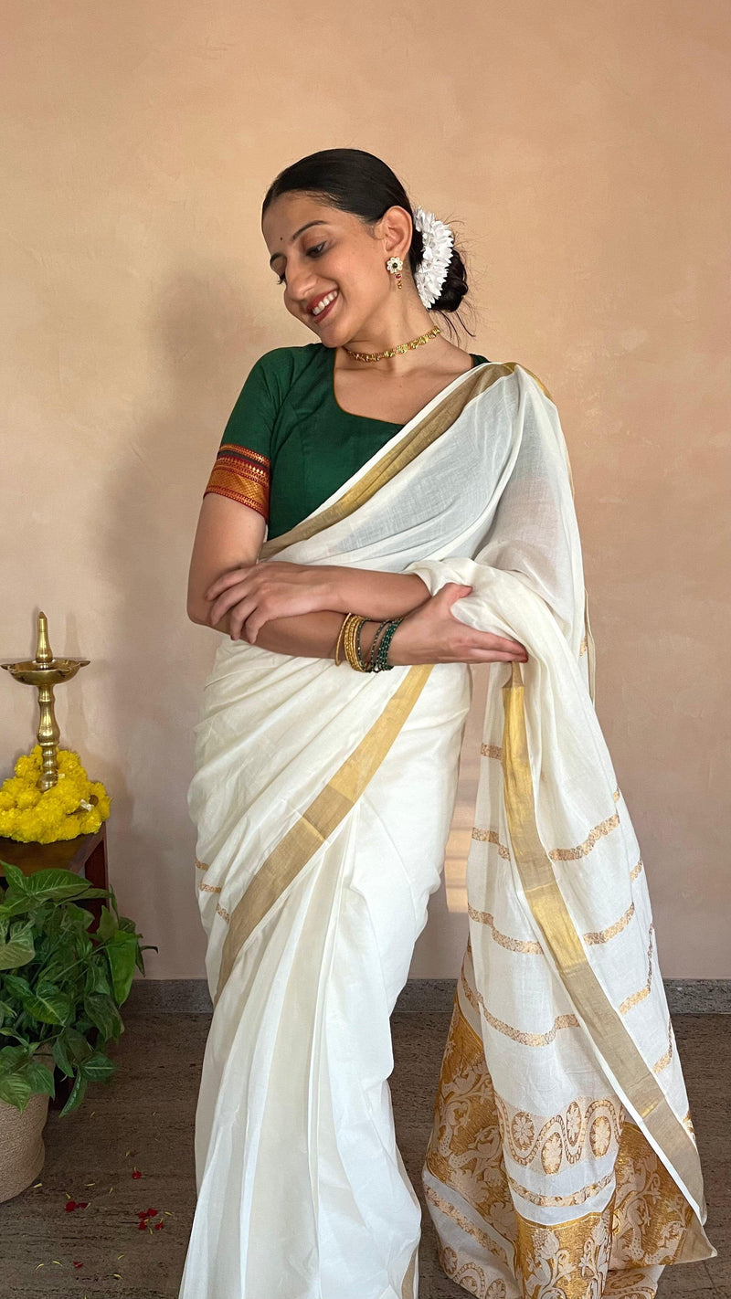 Revathi x Tyohaar | Mangalgiri Bottle Green 100% Cotton Blouse with Zari Border on Elbow Sleeves-Binks