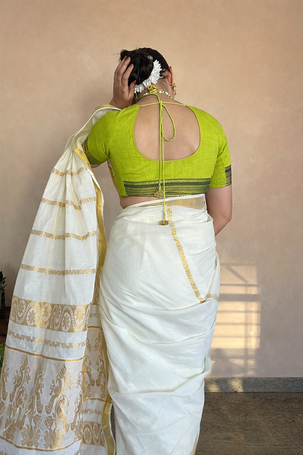 Revathi x Tyohaar Saree Blouse, in Green 100% Cotton - Mangalgiri, featuring elbow sleeves and round neckline (view 2).