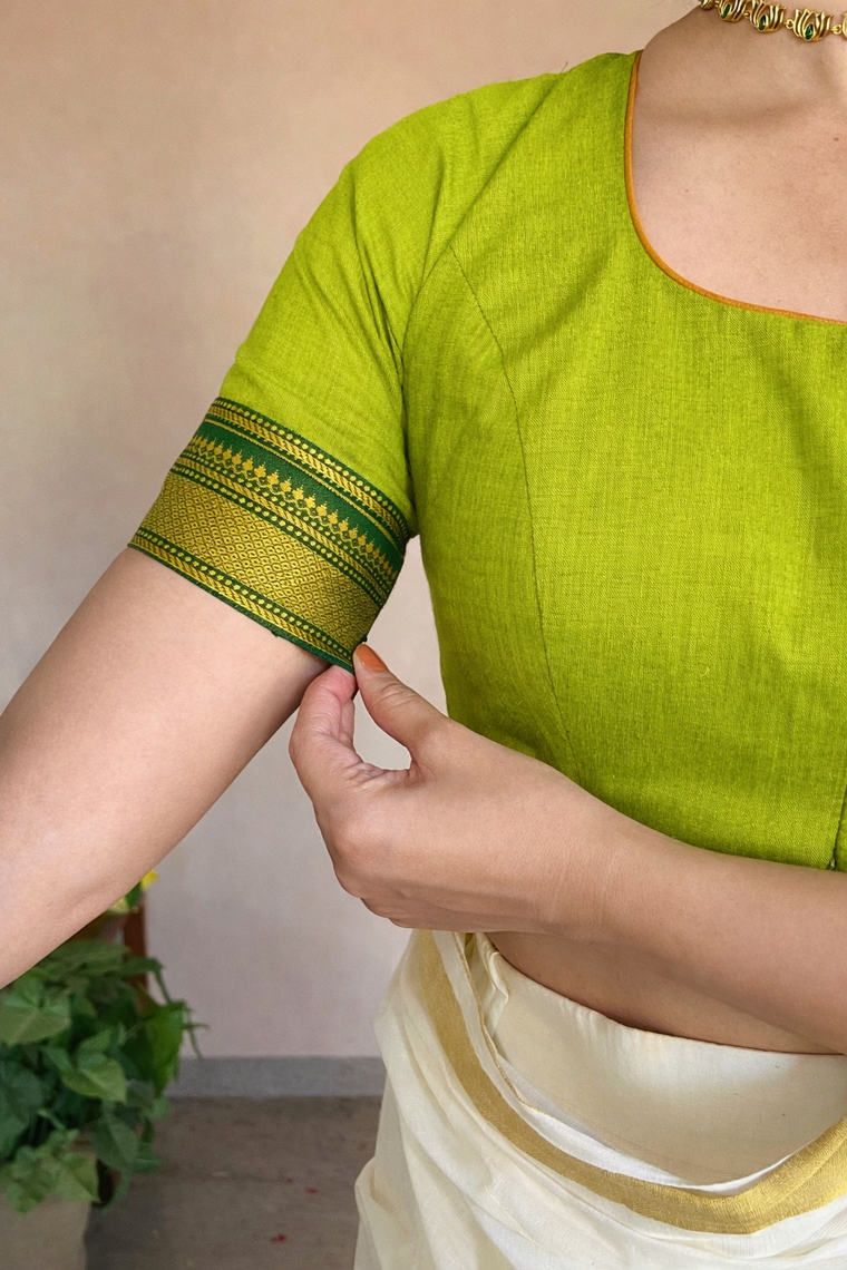 Revathi x Tyohaar Saree Blouse, in Green 100% Cotton - Mangalgiri, featuring elbow sleeves and round neckline (view 3).