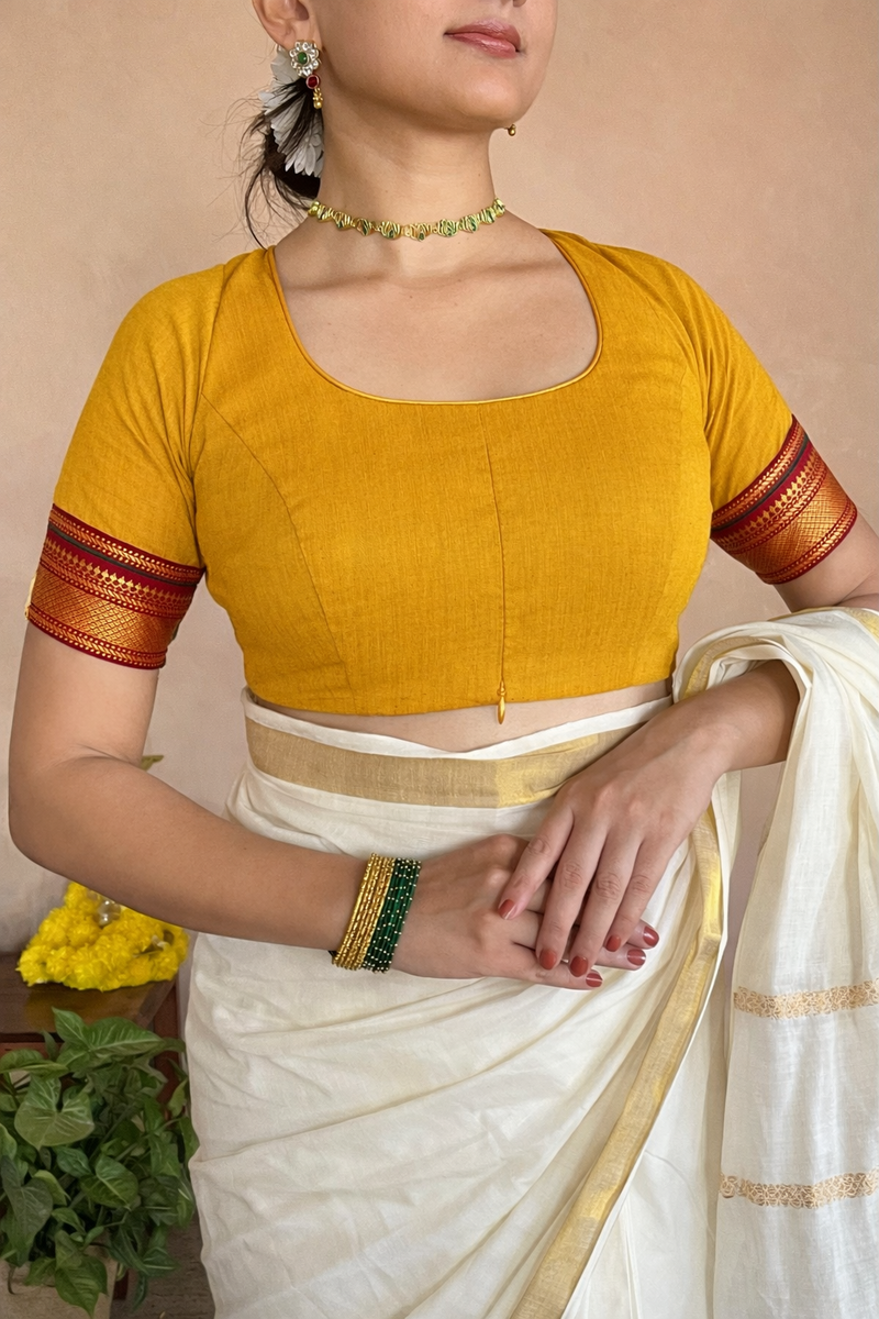 Revathi x Tyohaar | Elbow Sleeves Turmeric Yellow Mangalgiri Cotton Saree Blouse-Binks