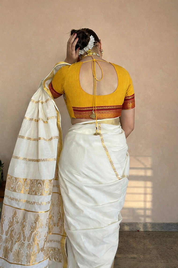 Revathi x Tyohaar Saree Blouse, in Yellow 100% Cotton - Mangalgiri, featuring elbow sleeves and round neckline (view 2).