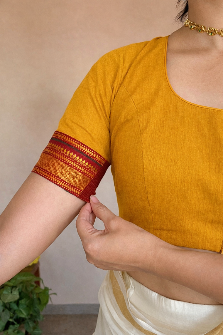 Revathi x Tyohaar Saree Blouse, in Yellow 100% Cotton - Mangalgiri, featuring elbow sleeves and round neckline (view 3).