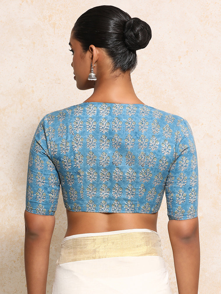 Richa x Rozaana Saree Blouse, in Blue 100% Cotton - Block Printed, featuring elbow sleeves and v-neckline (view 2).