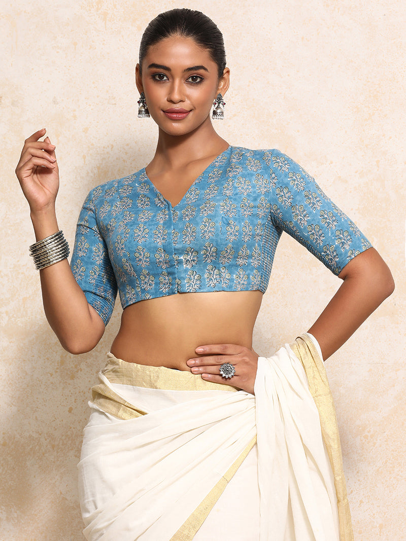 Richa x Rozaana | Elbow Sleeves Saree Blouse in Blue Garden Block Print Cotton-Binks