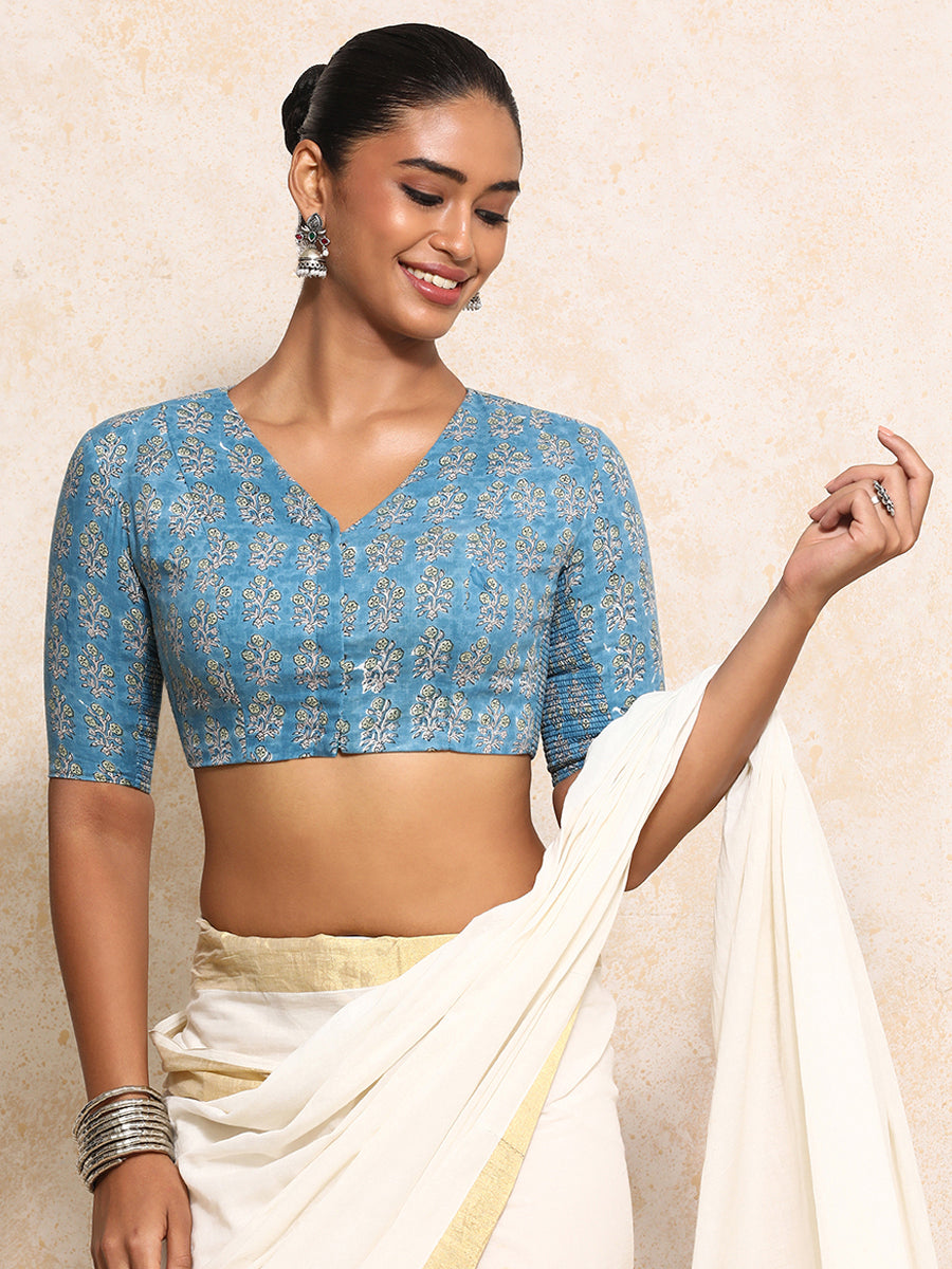 Richa x Rozaana Saree Blouse, in Blue 100% Cotton - Block Printed, featuring elbow sleeves and v-neckline (view 7).