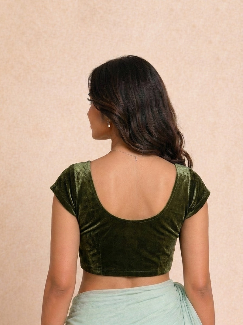 Rida Short Sleeves Velvet Moss Rayon Lycra StretchFit™ Saree Blouse-Binks