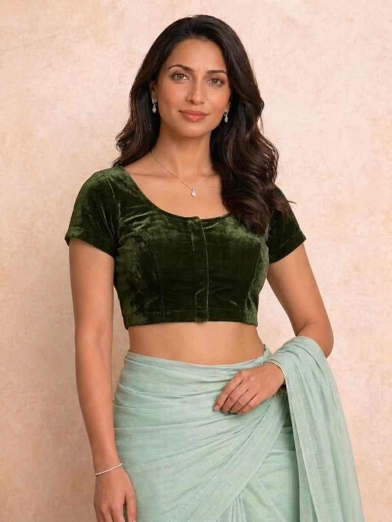 Rida Short Sleeves Velvet Moss Rayon Lycra StretchFit™ Saree Blouse-Binks