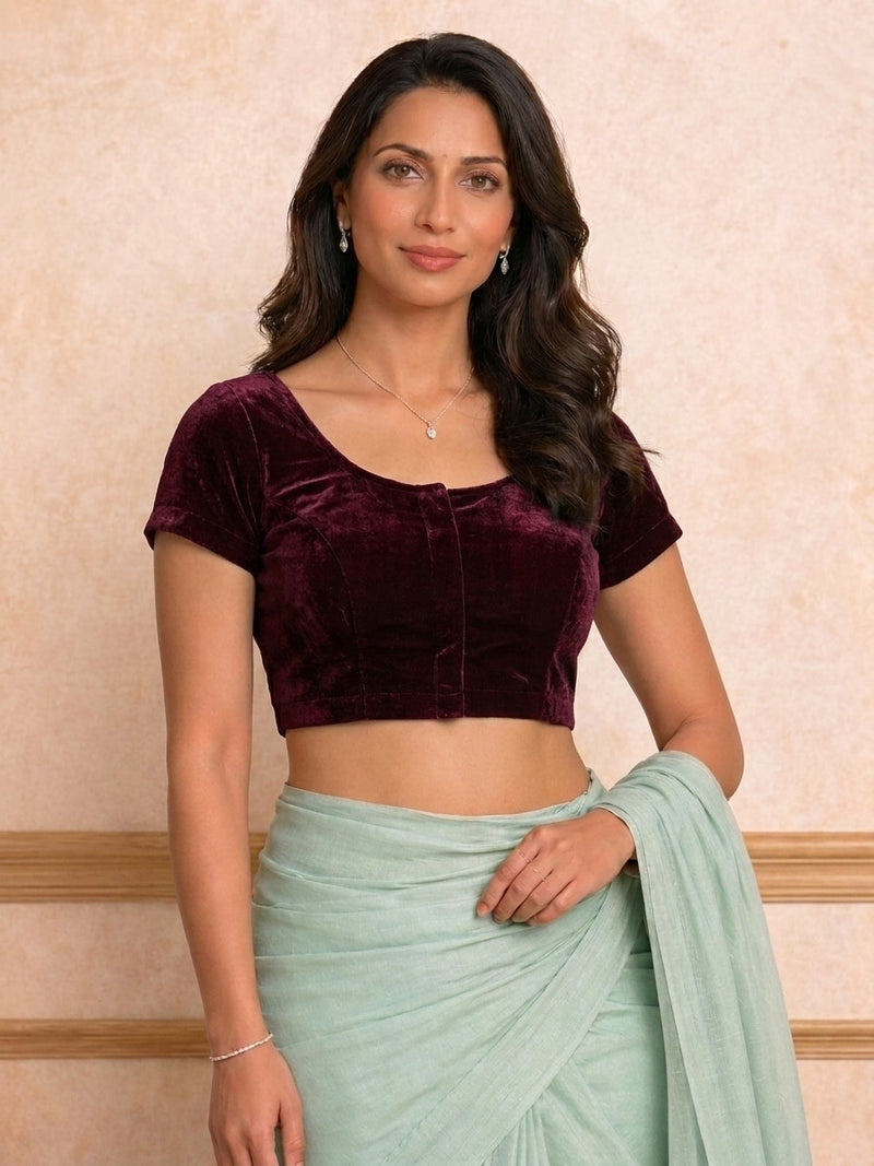 Rida Short Sleeves Velvet Plum Rayon Lycra StretchFit™ Saree Blouse-Binks