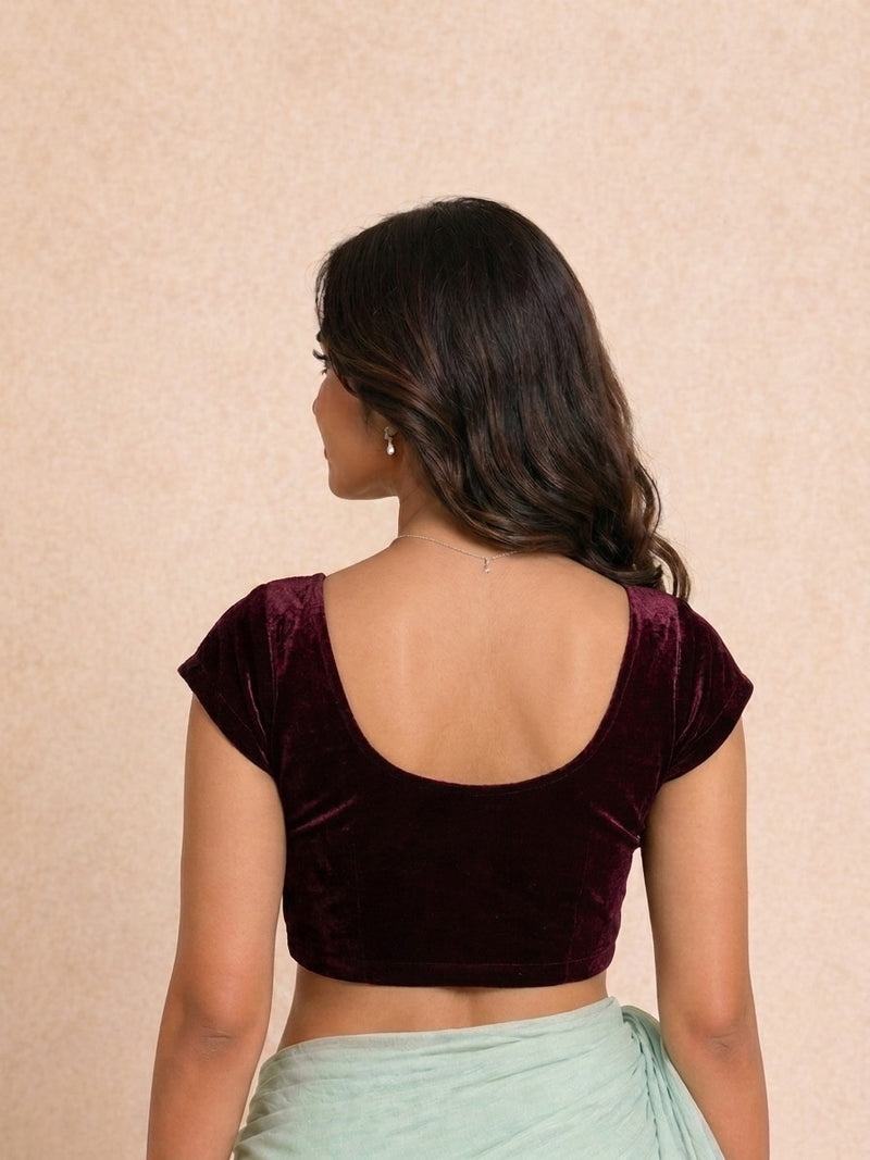Rida Short Sleeves Velvet Plum Rayon Lycra StretchFit™ Saree Blouse-Binks