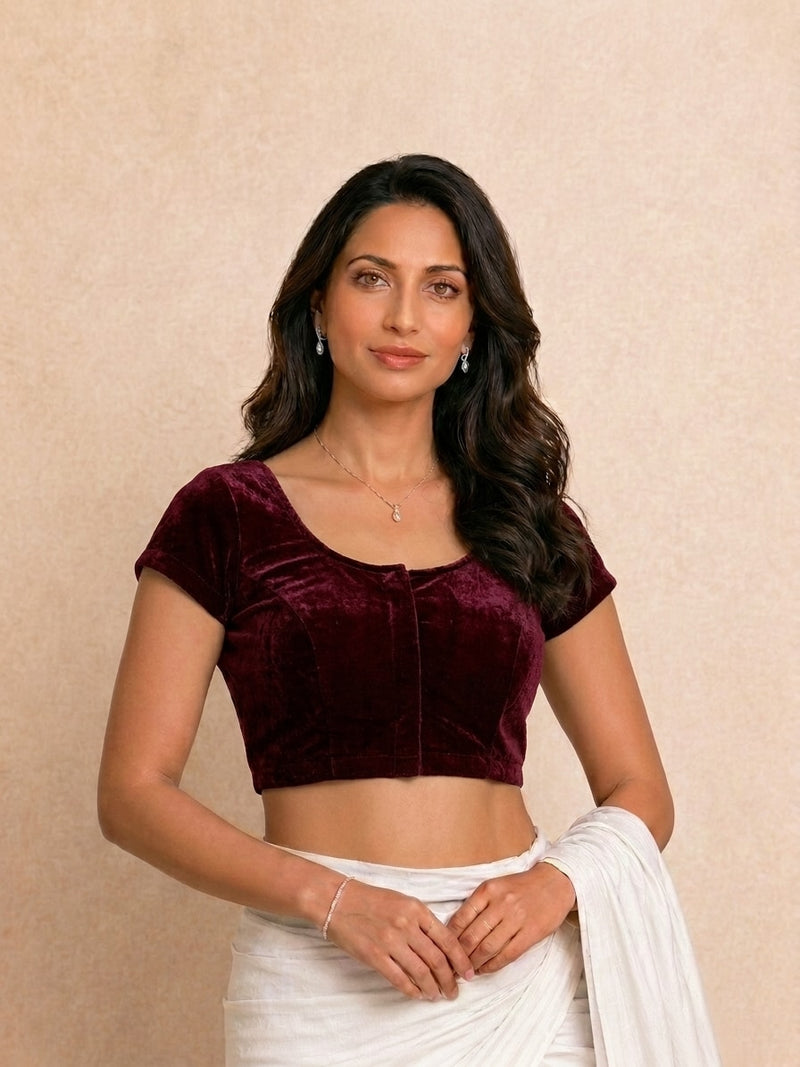 Rida Short Sleeves Velvet Plum Rayon Lycra StretchFit™ Saree Blouse-Binks