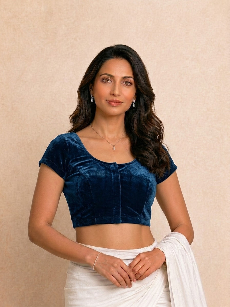 Rida Short Sleeves Velvet Sapphire Rayon Lycra StretchFit™ Saree Blouse-Binks