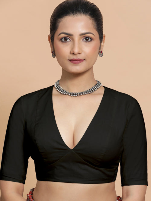 Riddhima x Rozaana Saree Blouse, in Black Cotton, featuring elbow sleeves and v-neckline, made for daily & work.