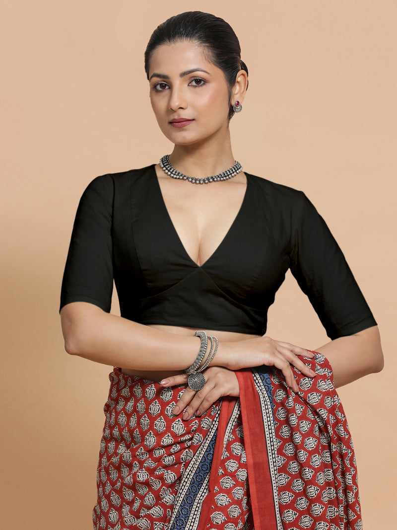 Riddhima x Rozaana | V-Neck Black Plain Cotton Saree Blouse-Binks