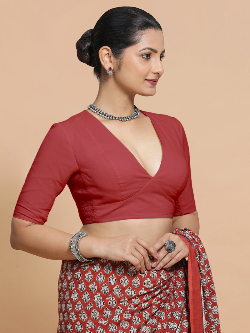 Riddhima x Rozaana | Elbow Sleeves Saree Blouse in Carmine Red Plain Cotton-Binks