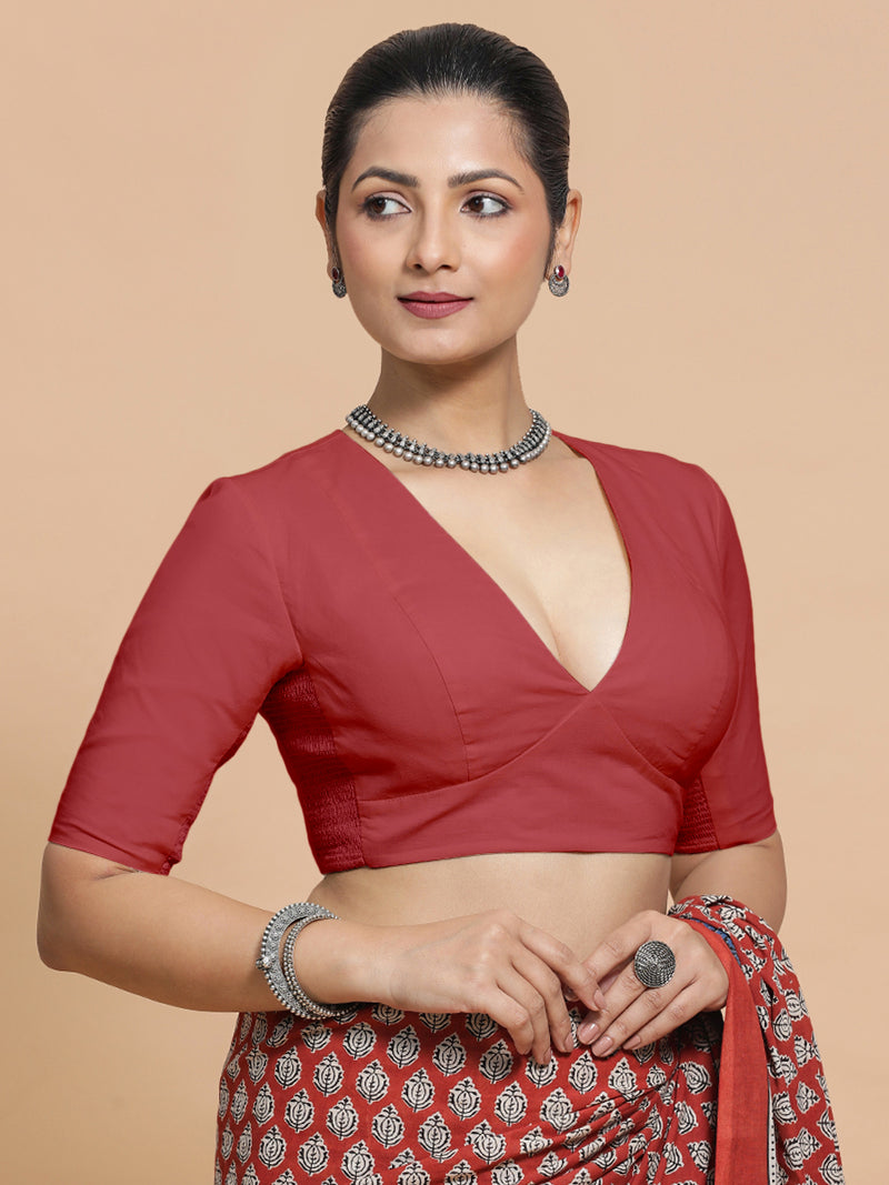 Riddhima x Rozaana | Elbow Sleeves Saree Blouse in Carmine Red Plain Cotton-Binks