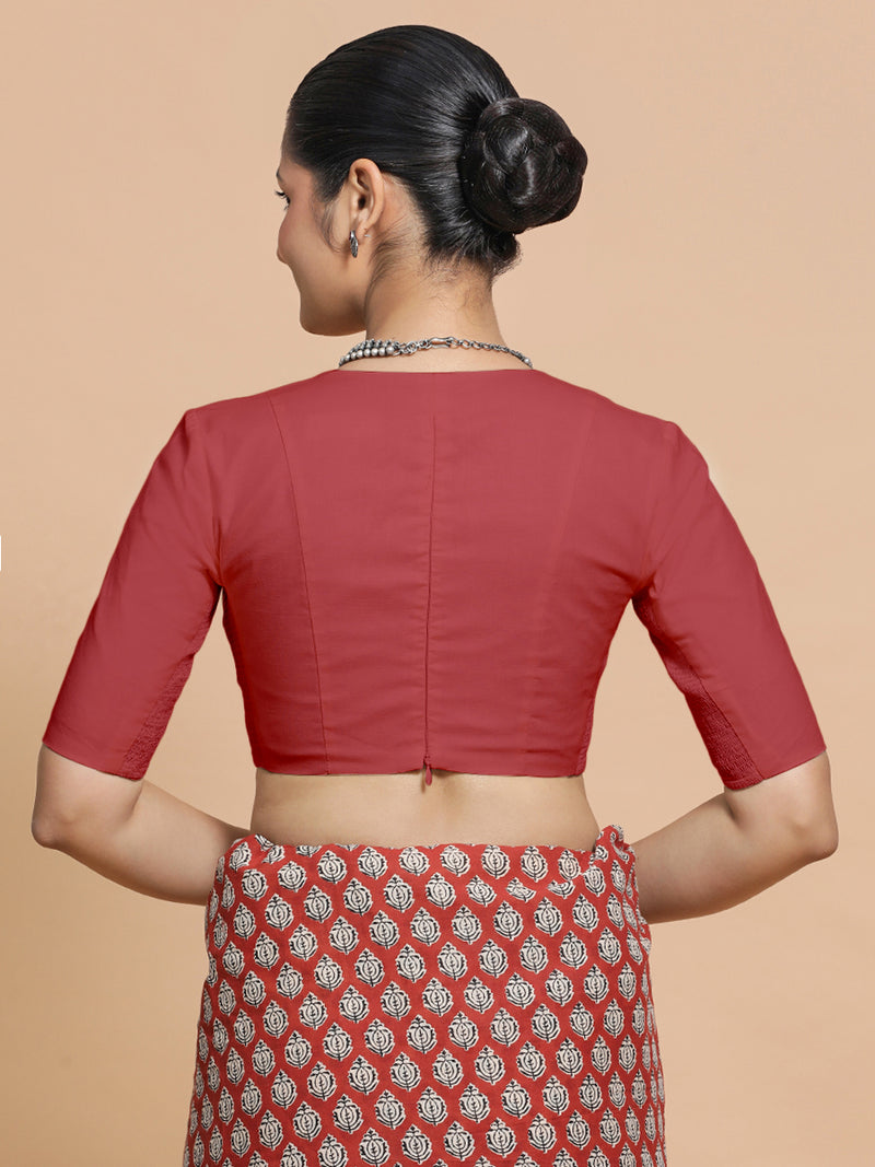 Riddhima x Rozaana | Elbow Sleeves Saree Blouse in Carmine Red Plain Cotton-Binks