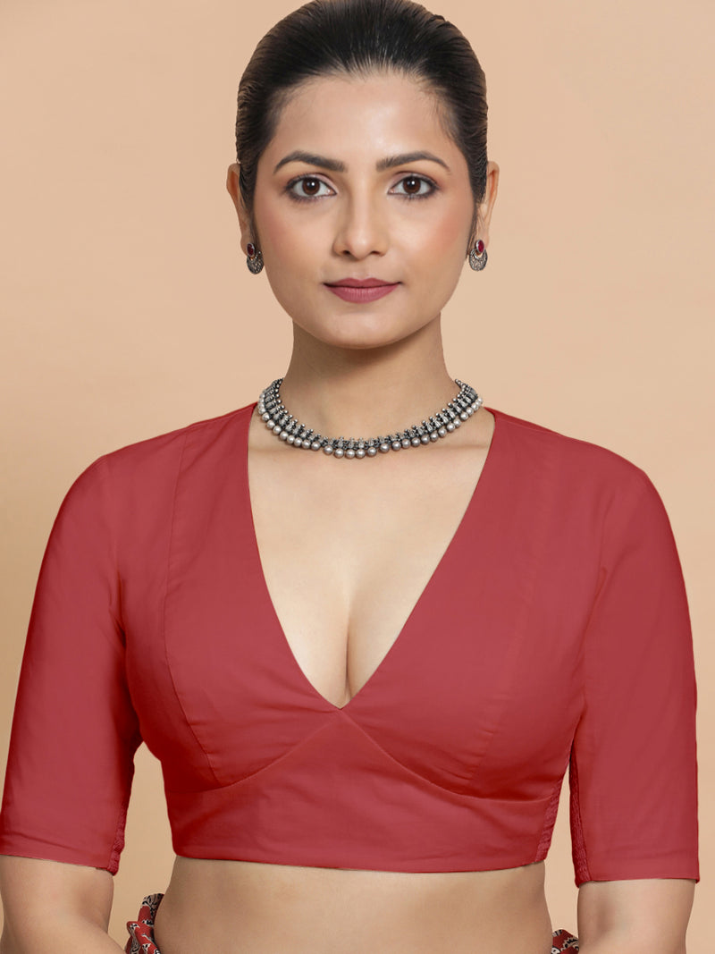 Riddhima x Rozaana | Elbow Sleeves Saree Blouse in Carmine Red Plain Cotton-Binks