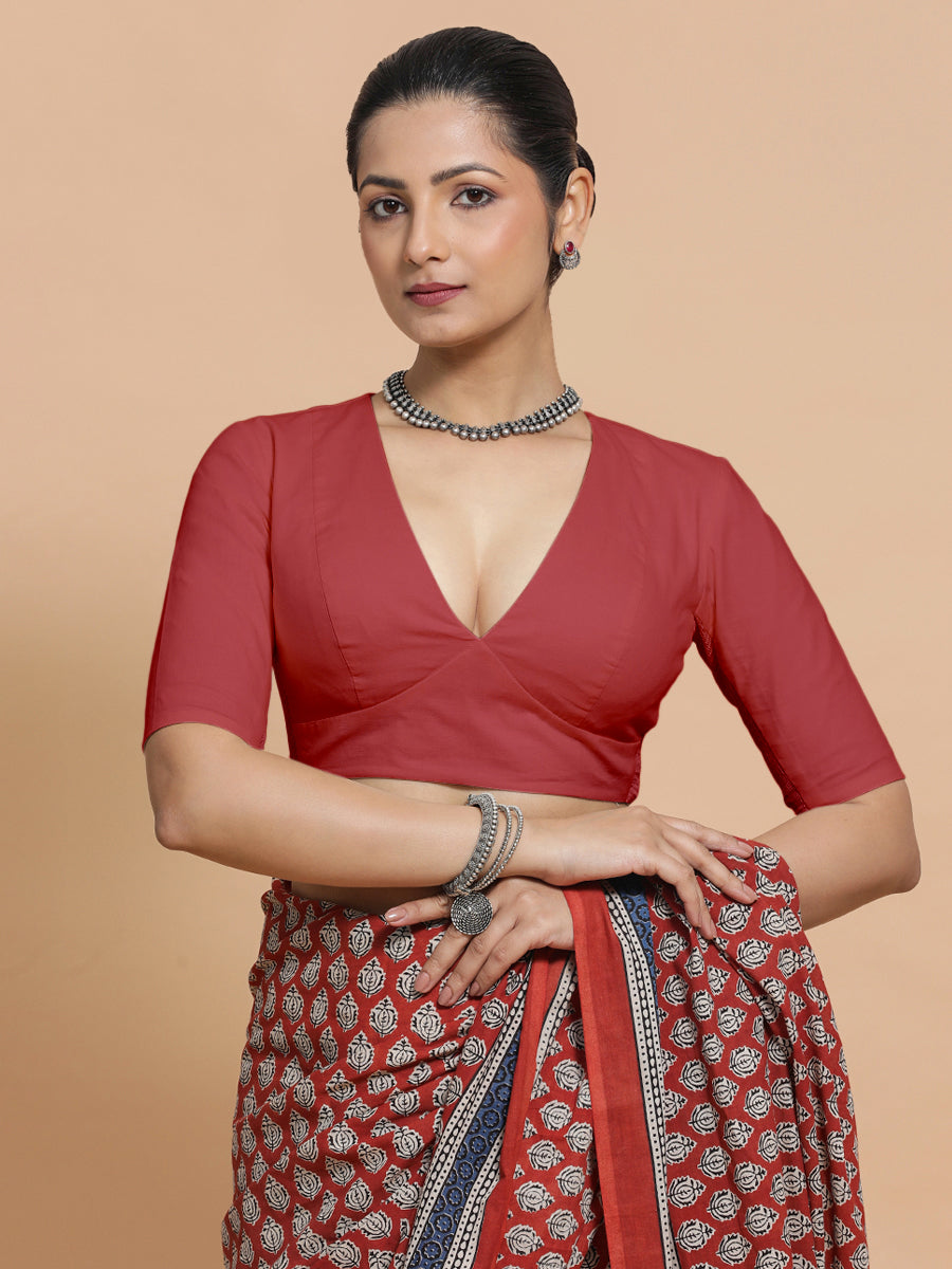 Riddhima x Rozaana Saree Blouse, in Red 100% Cotton - Solid, featuring elbow sleeves and v-neckline, made for daily & work.