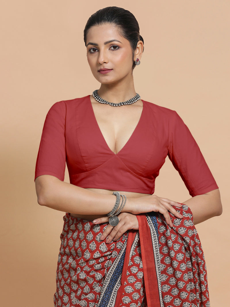 Riddhima x Rozaana | Elbow Sleeves Saree Blouse in Carmine Red Plain Cotton-Binks