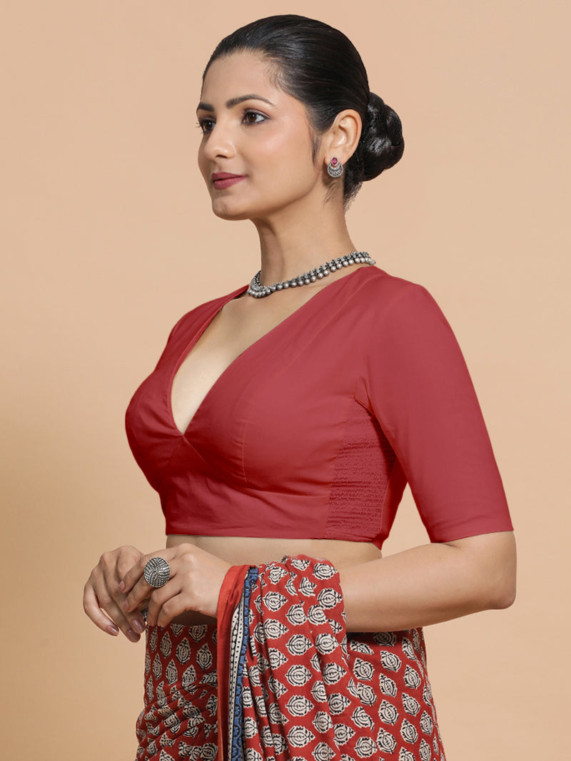 Riddhima x Rozaana | Elbow Sleeves Saree Blouse in Carmine Red Plain Cotton-Binks