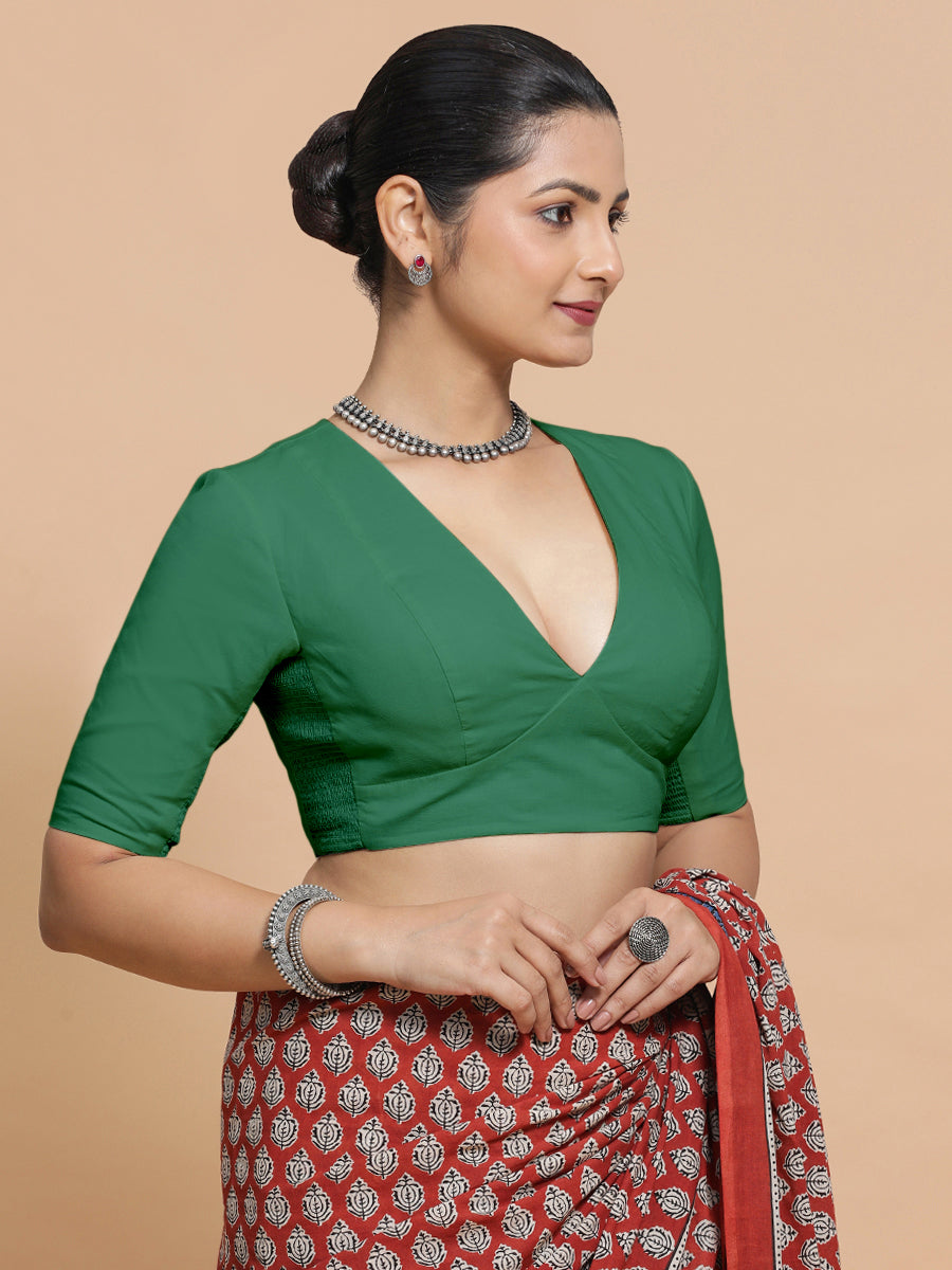 Riddhima x Rozaana | Elbow Sleeves Saree Blouse in Castleton Green Plain Cotton