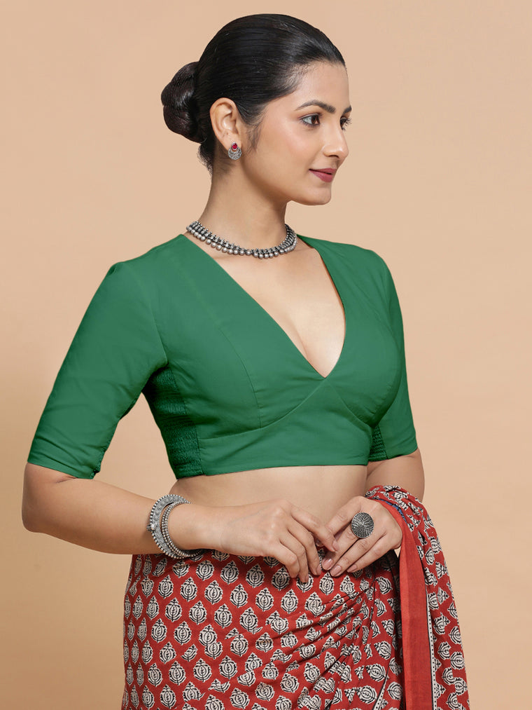 Riddhima x Rozaana Saree Blouse, in Green 100% Cotton - Solid, featuring elbow sleeves and v-neckline, made for daily & work.