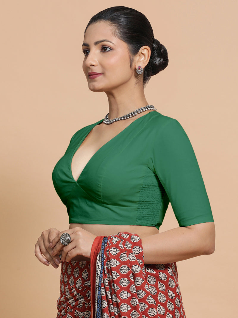 Riddhima x Rozaana | Elbow Sleeves Saree Blouse in Castleton Green Plain Cotton-Binks