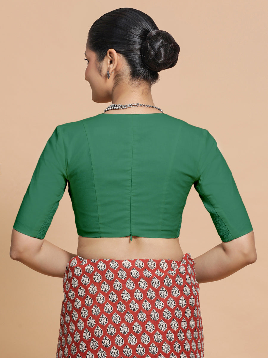 Riddhima x Rozaana Saree Blouse, in Green 100% Cotton - Solid, featuring elbow sleeves and v-neckline, made for daily & work.