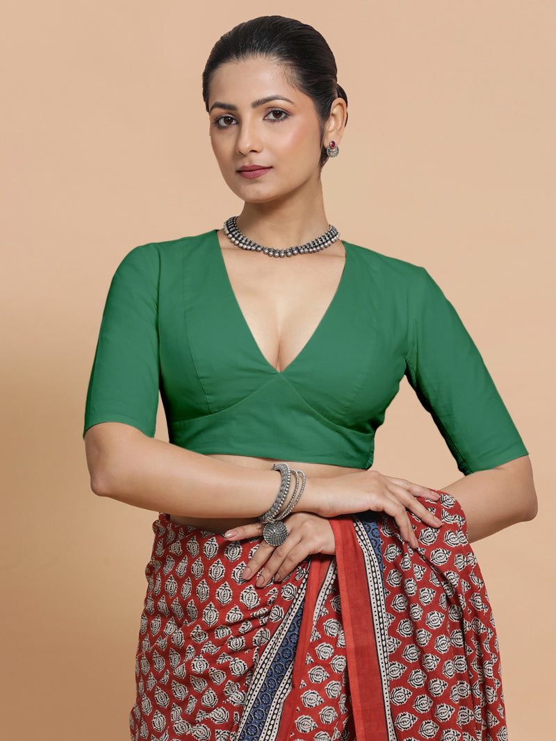 Riddhima x Rozaana | Elbow Sleeves Saree Blouse in Castleton Green Plain Cotton-Binks