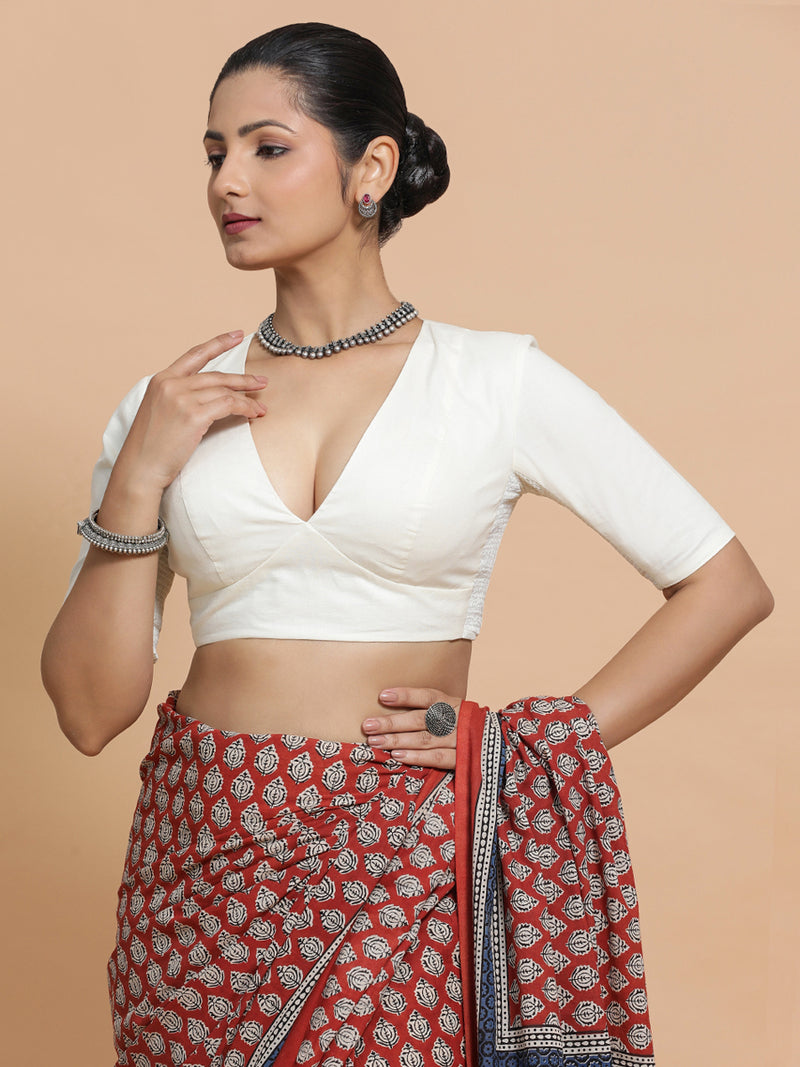 Riddhima x Rozaana | V-Neck Ivory Mist Plain Cotton Saree Blouse-Binks