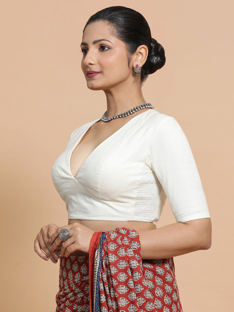 Riddhima x Rozaana | V-Neck Ivory Mist Plain Cotton Saree Blouse-Binks