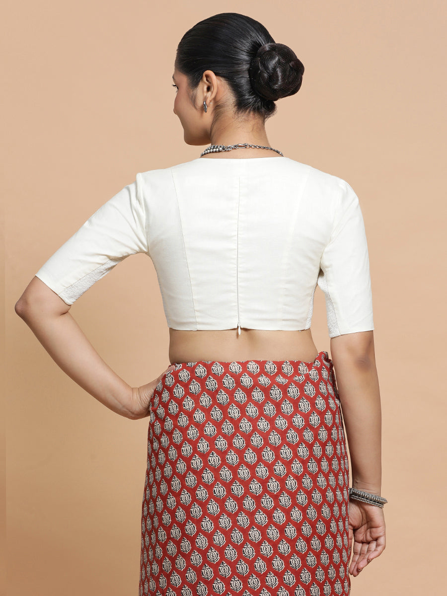 Riddhima x Rozaana Saree Blouse, in Cream Cotton, featuring elbow sleeves and v-neckline, made for daily & work (view 2).