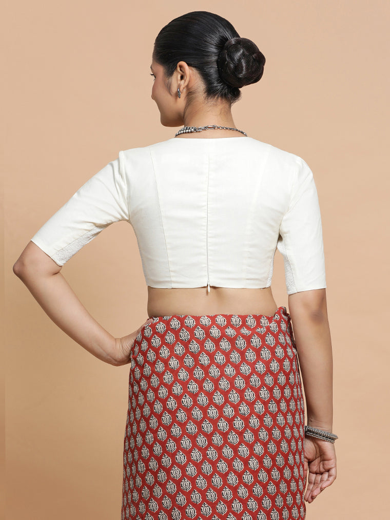 Riddhima x Rozaana Saree Blouse, in Cream Cotton, featuring elbow sleeves and v-neckline, made for daily & work (view 2).