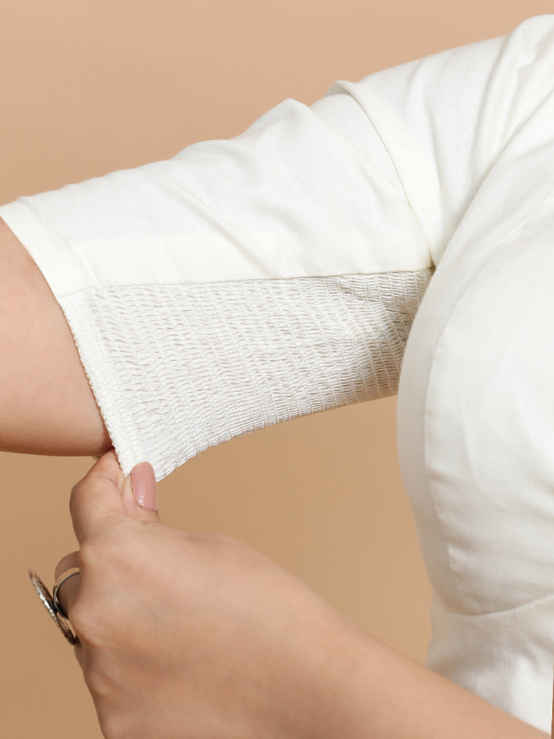 Riddhima x Rozaana | V-Neck Ivory Mist Plain Cotton Saree Blouse-Binks