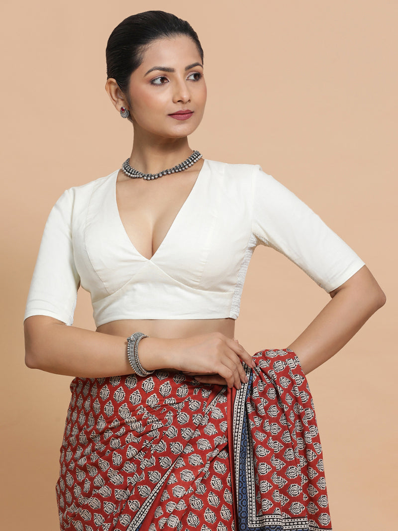 Riddhima x Rozaana | V-Neck Ivory Mist Plain Cotton Saree Blouse-Binks