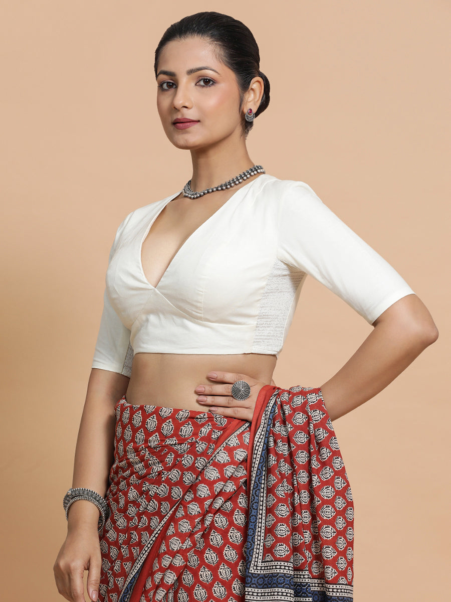 Riddhima x Rozaana Saree Blouse, in Cream Cotton, featuring elbow sleeves and v-neckline, made for daily & work (view 8).