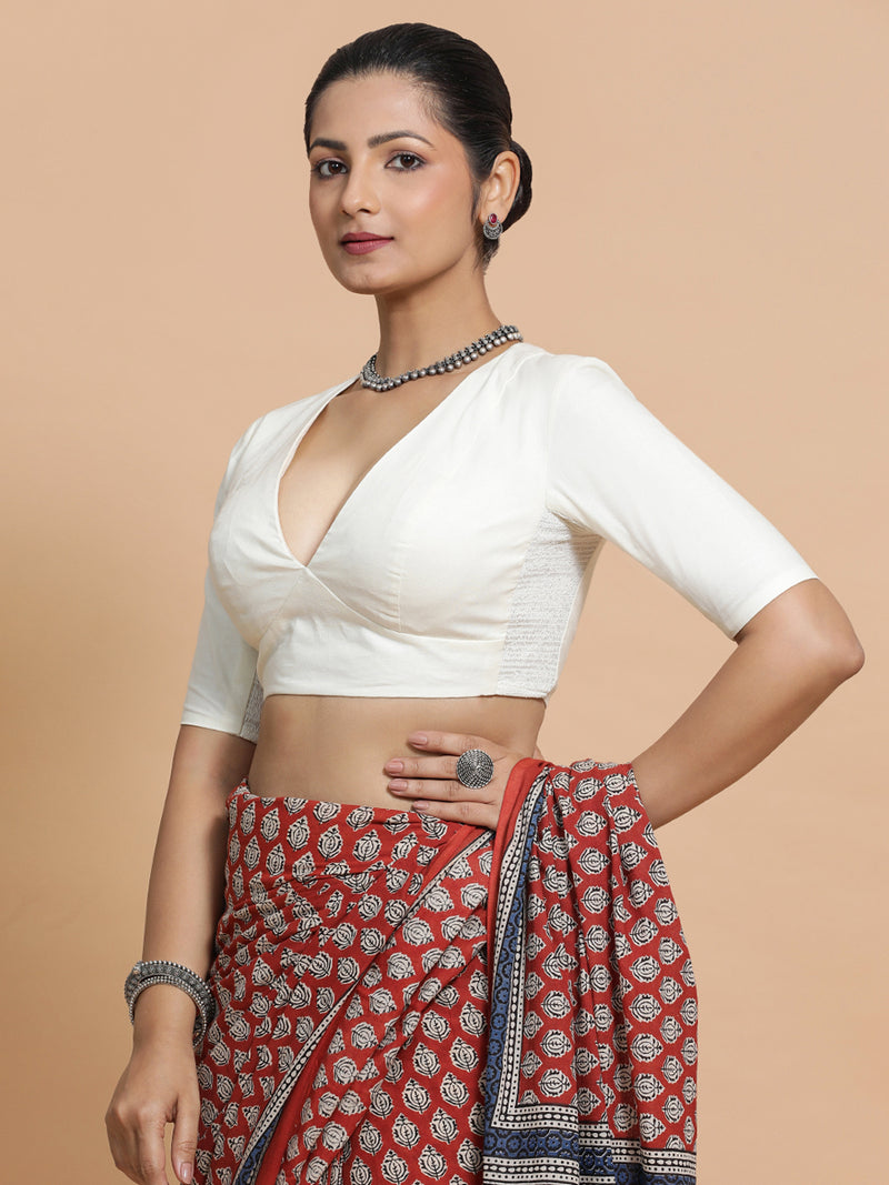 Riddhima x Rozaana | V-Neck Ivory Mist Plain Cotton Saree Blouse-Binks