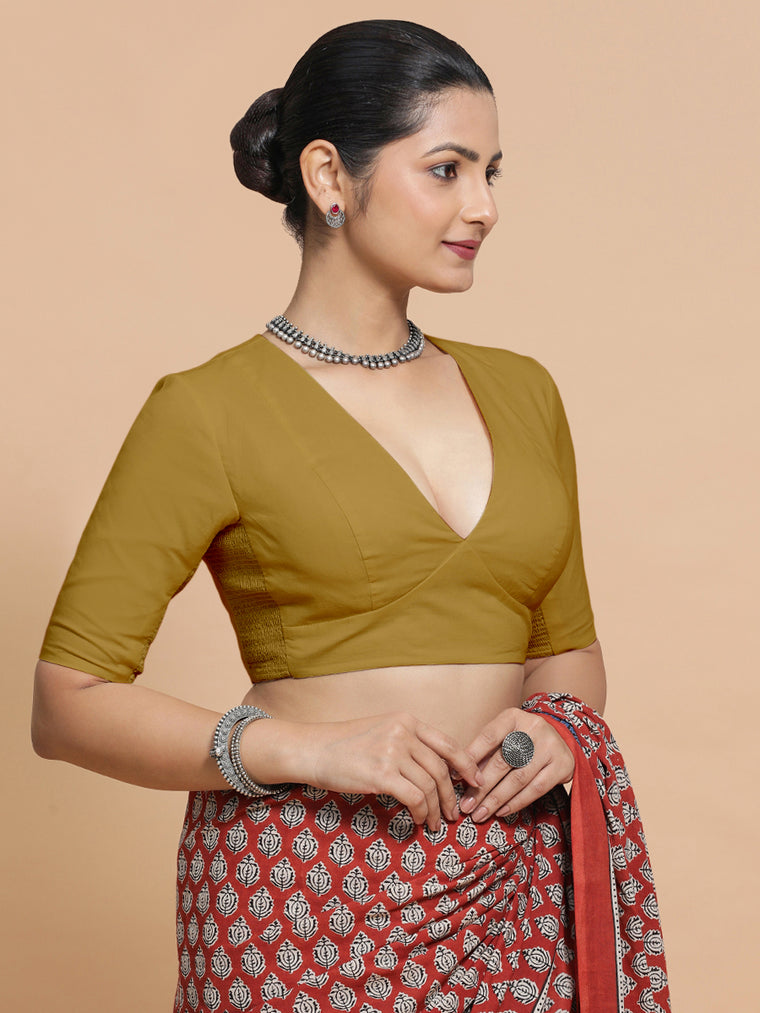 Riddhima x Rozaana Saree Blouse, in Beige Cotton, featuring elbow sleeves and v-neckline, made for daily & work.