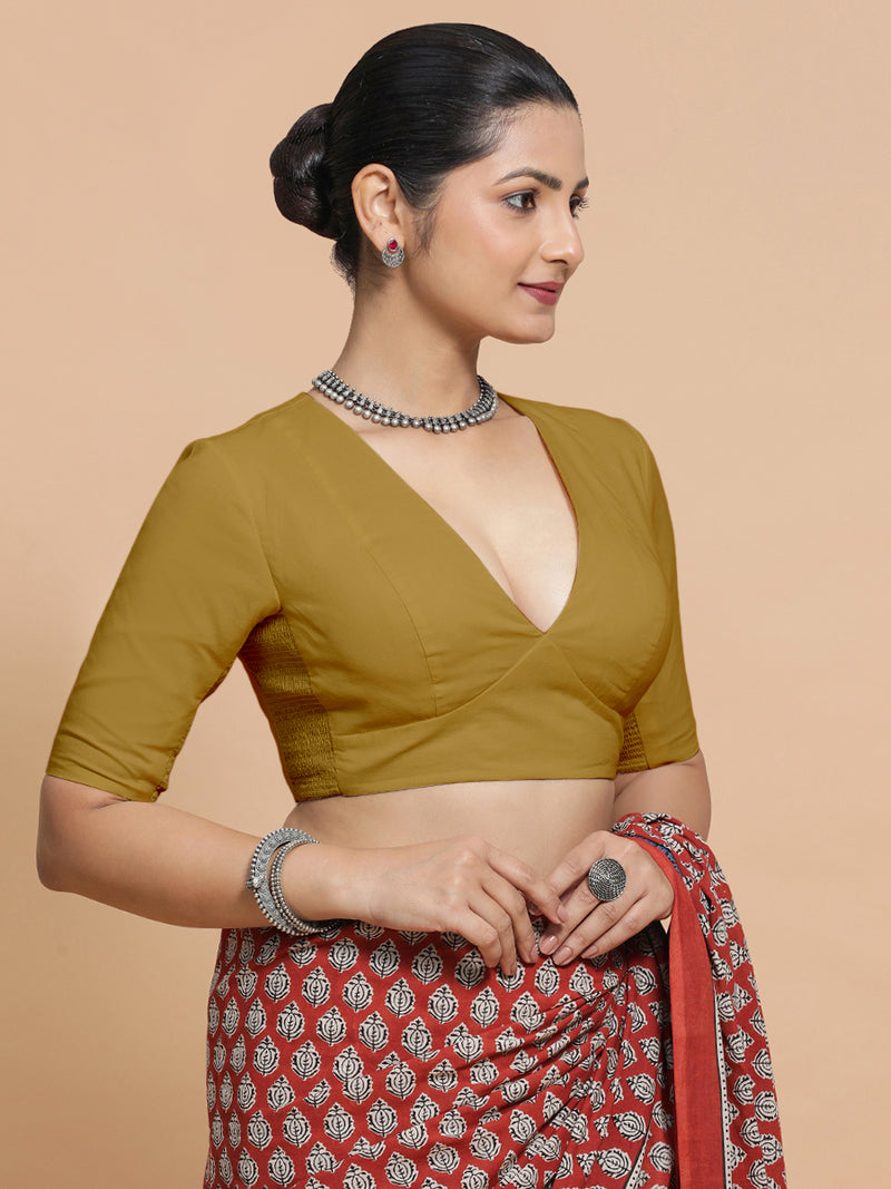 Riddhima x Rozaana | V-Neck Khaki Plain Cotton Saree Blouse-Binks