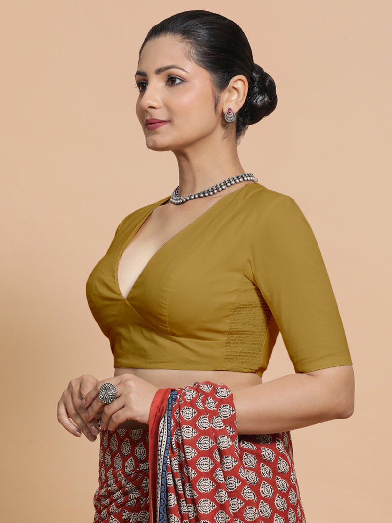 Riddhima x Rozaana | V-Neck Khaki Plain Cotton Saree Blouse-Binks