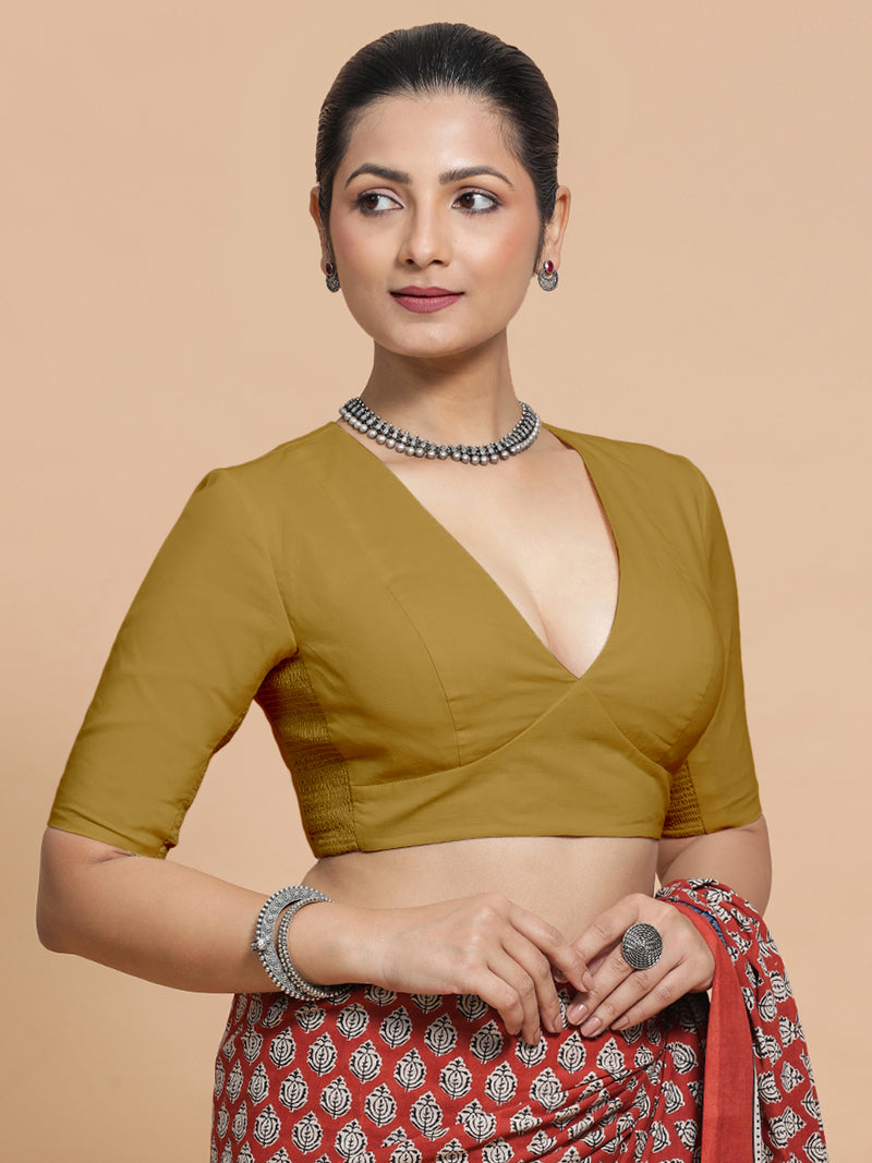 Riddhima x Rozaana | V-Neck Khaki Plain Cotton Saree Blouse-Binks