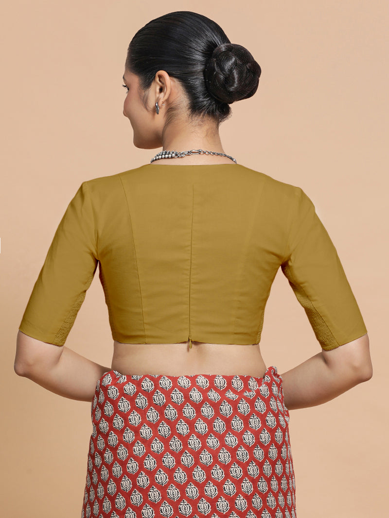 Riddhima x Rozaana | V-Neck Khaki Plain Cotton Saree Blouse-Binks
