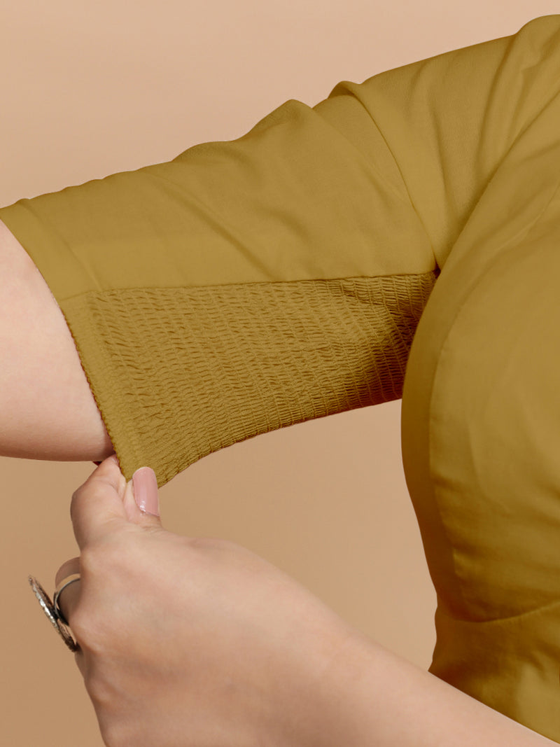 Riddhima x Rozaana | V-Neck Khaki Plain Cotton Saree Blouse-Binks