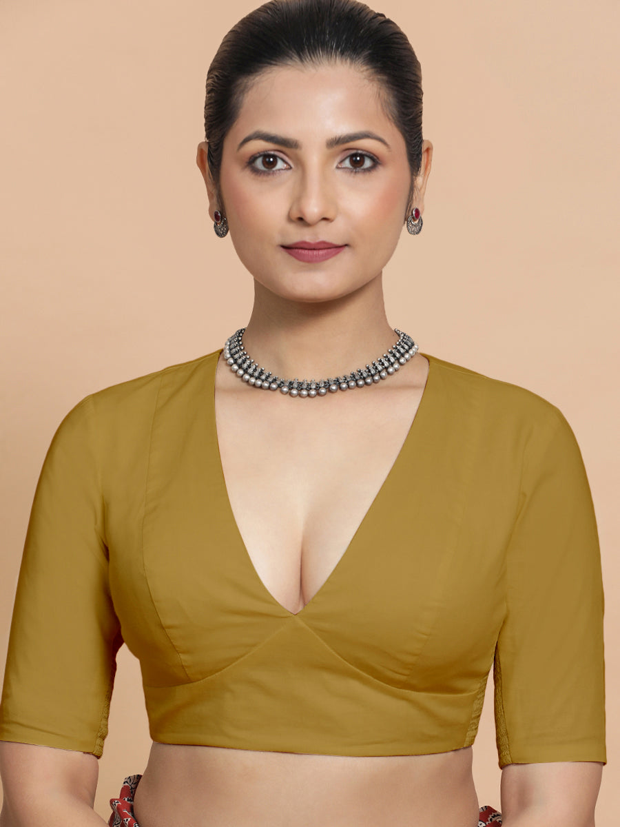 Riddhima x Rozaana Saree Blouse, in Beige Cotton, featuring elbow sleeves and v-neckline, made for daily & work (view 6).