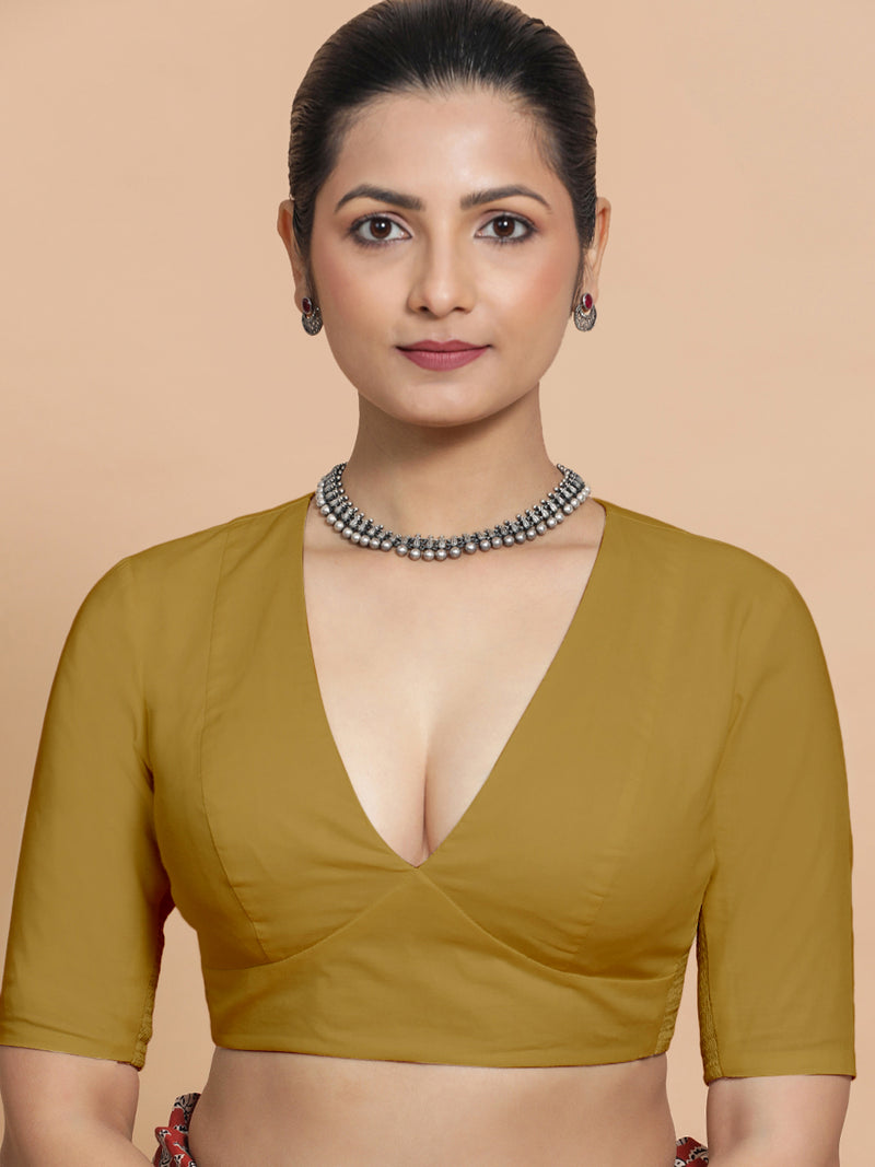 Riddhima x Rozaana | V-Neck Khaki Plain Cotton Saree Blouse-Binks
