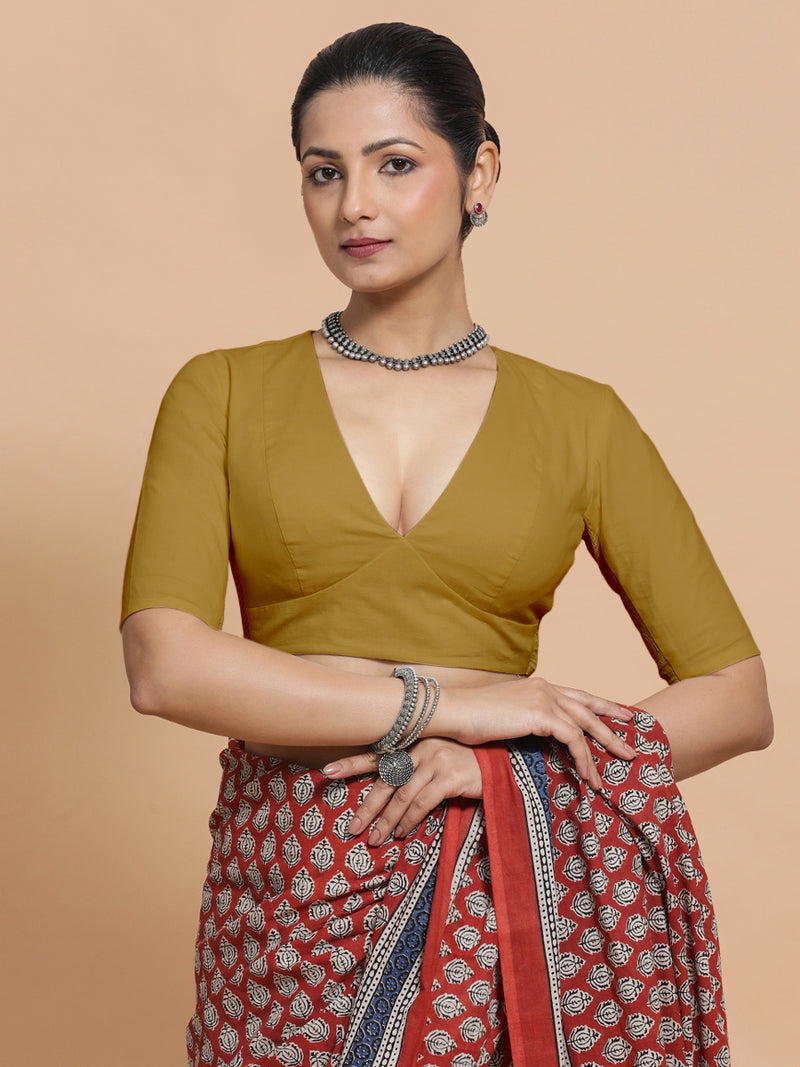 Riddhima x Rozaana | V-Neck Khaki Plain Cotton Saree Blouse-Binks