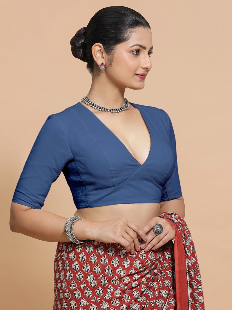 Riddhima x Rozaana | Elbow Sleeves Saree Blouse in Lapis Blue Plain Cotton-Binks