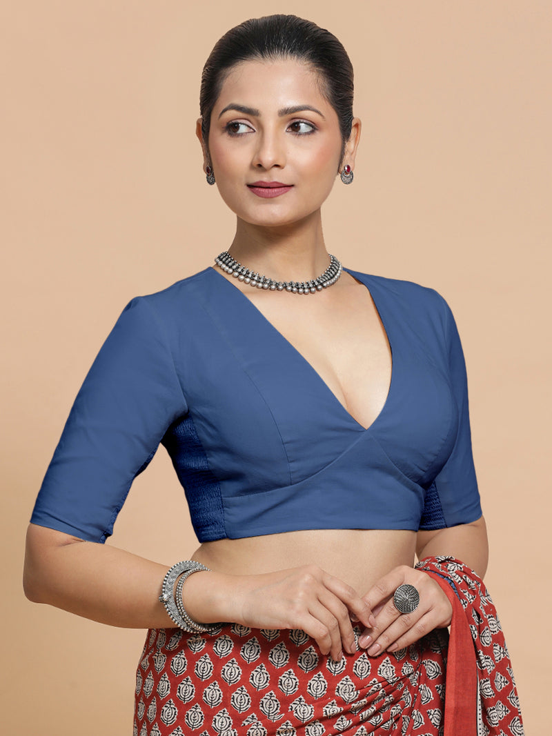 Riddhima x Rozaana | Elbow Sleeves Saree Blouse in Lapis Blue Plain Cotton-Binks