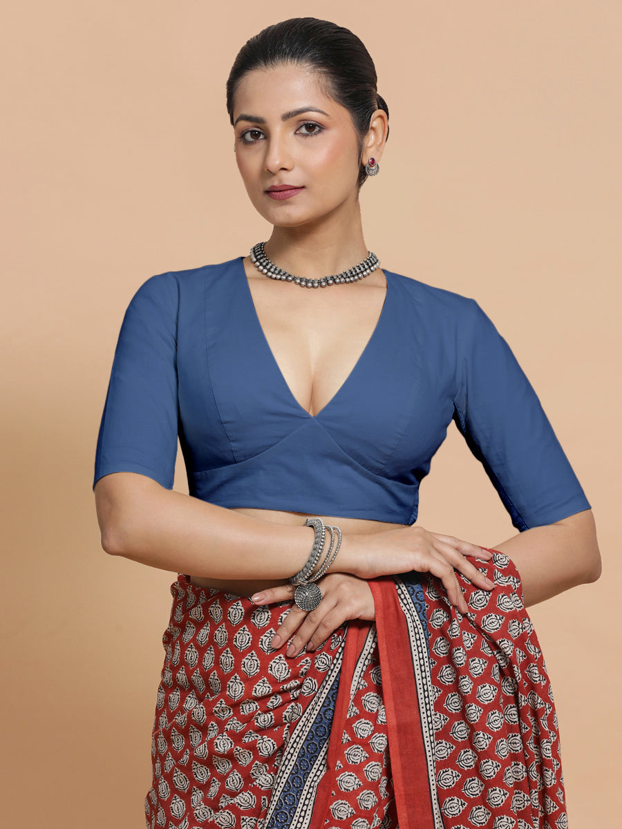Riddhima x Rozaana Saree Blouse, in Blue 100% Cotton - Solid, featuring elbow sleeves and v-neckline, made for daily & work.